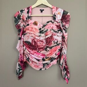 {Express} Body Contour Floral Mesh Cropped Top in Pink - Womens Small
